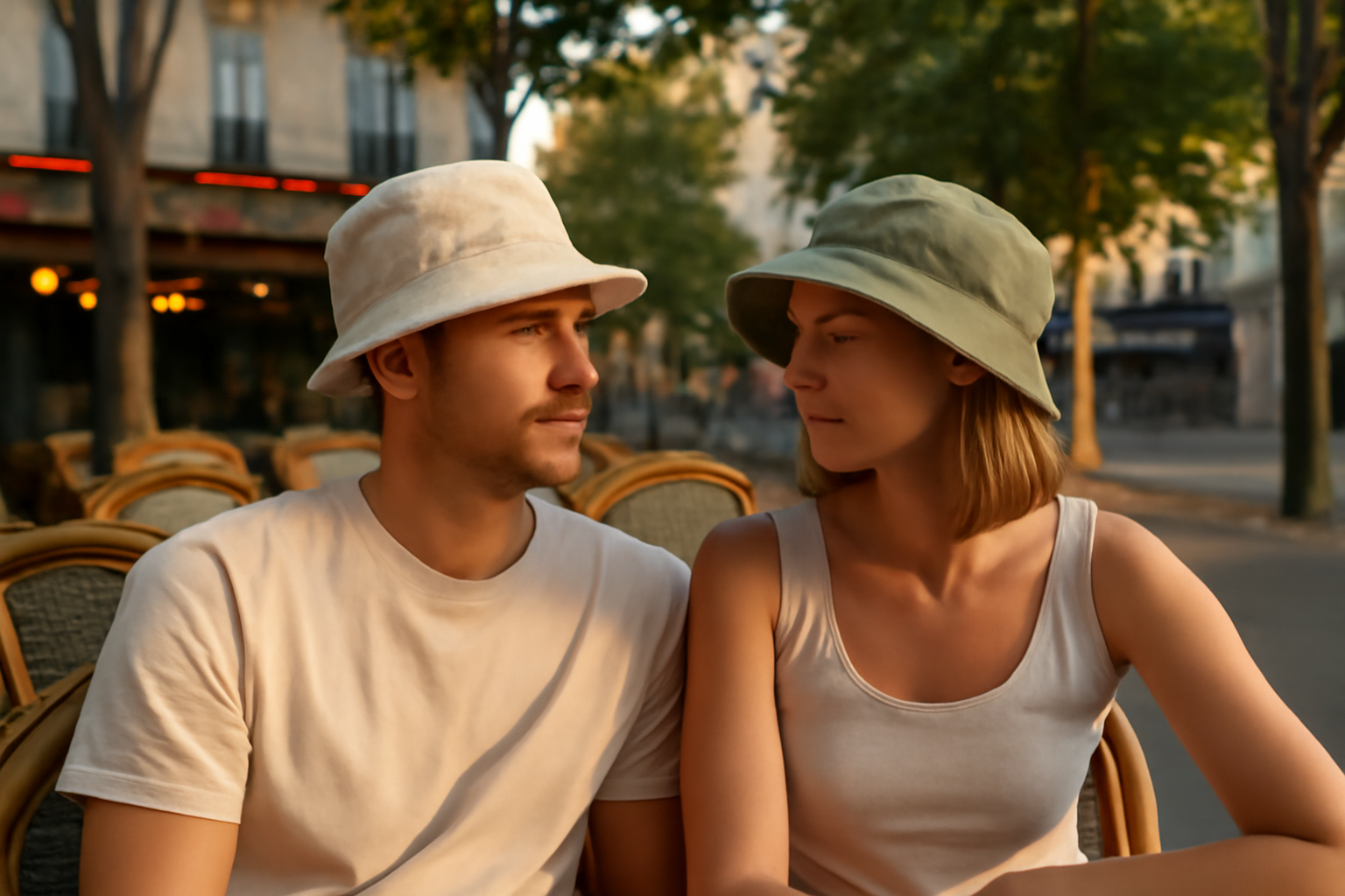 bobs homme et femme sur une terrasse ensoleillée