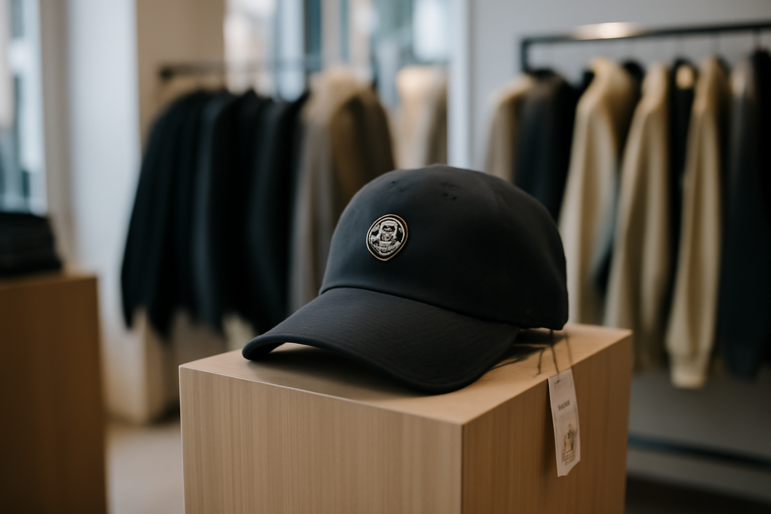 casquette stone island noire logo discret sur étagère en boutique