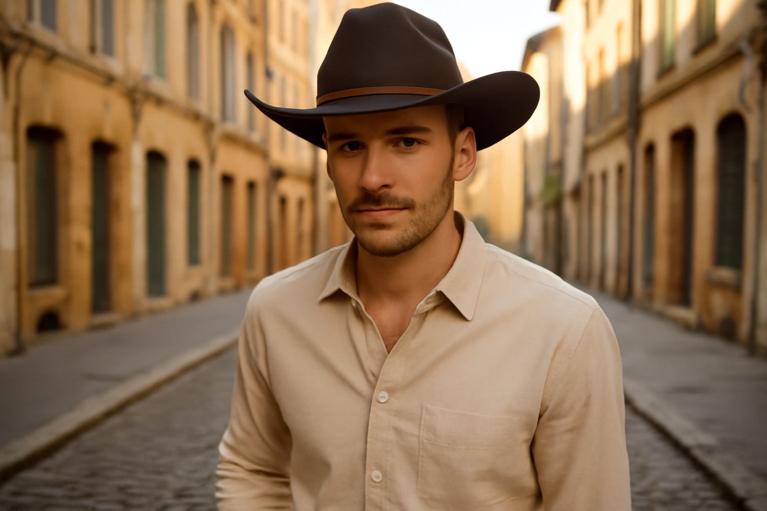 chapeau cowboy homme en feutre sombre, visière large et bande en cuir, lumière naturelle