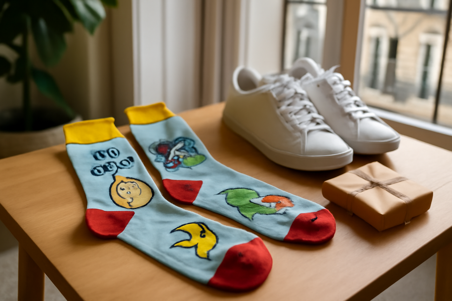 Chaussettes droles originales avec motifs humoristiques, posées près de baskets blanches dans un intérieur lumineux
