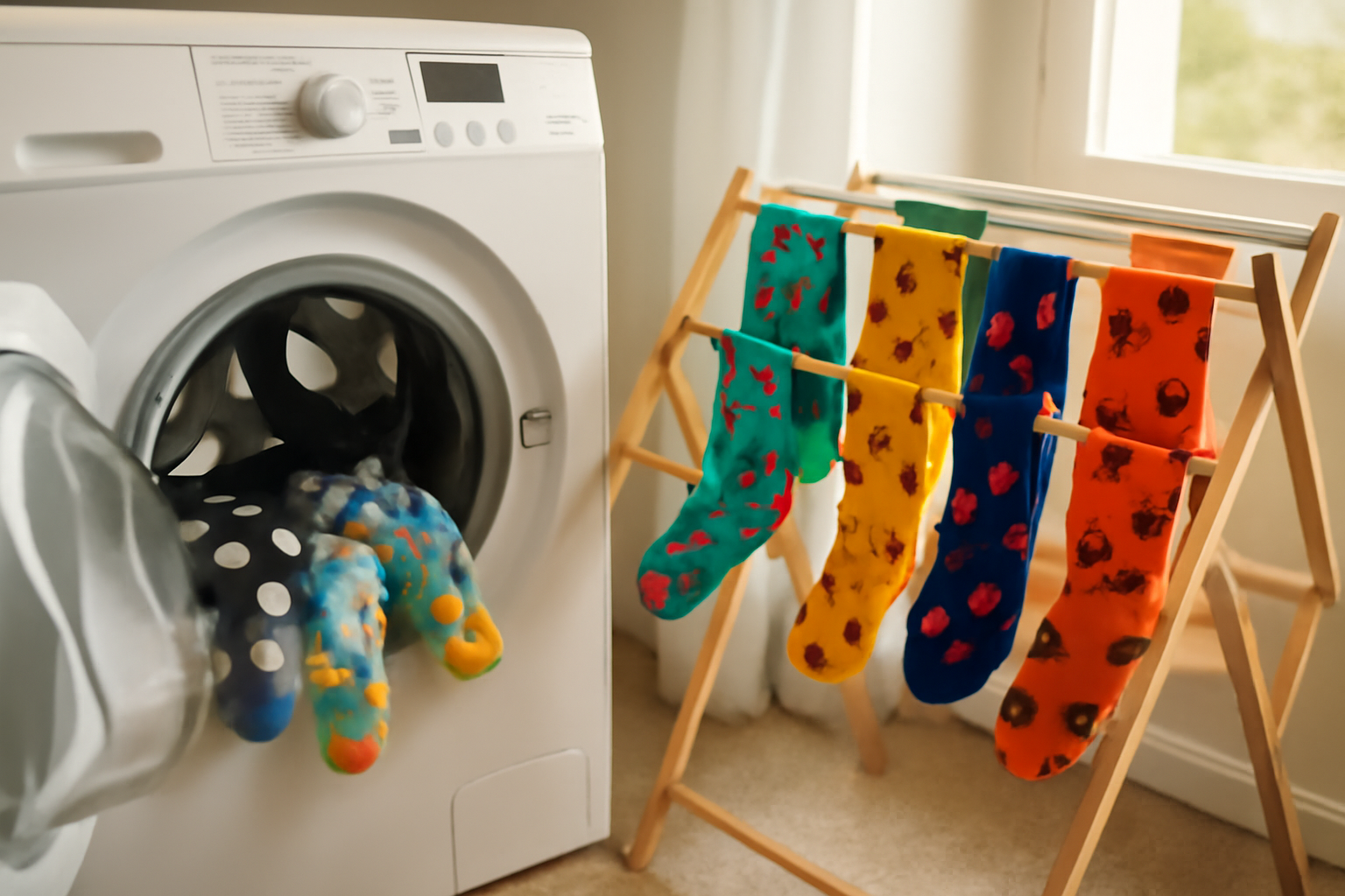 Chaussettes droles lavées à l’envers dans une machine à laver, puis séchées à l’air libre sur un étendoir dans une buanderie lumineuse