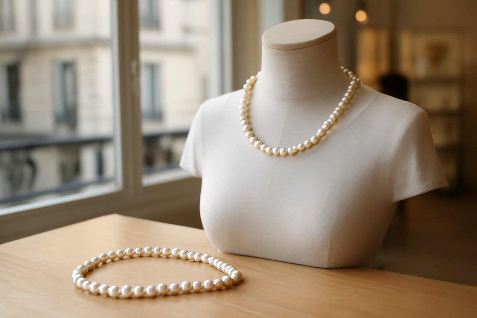 collier de perles en lumière du jour sur un mannequin, fermoir en or visible
