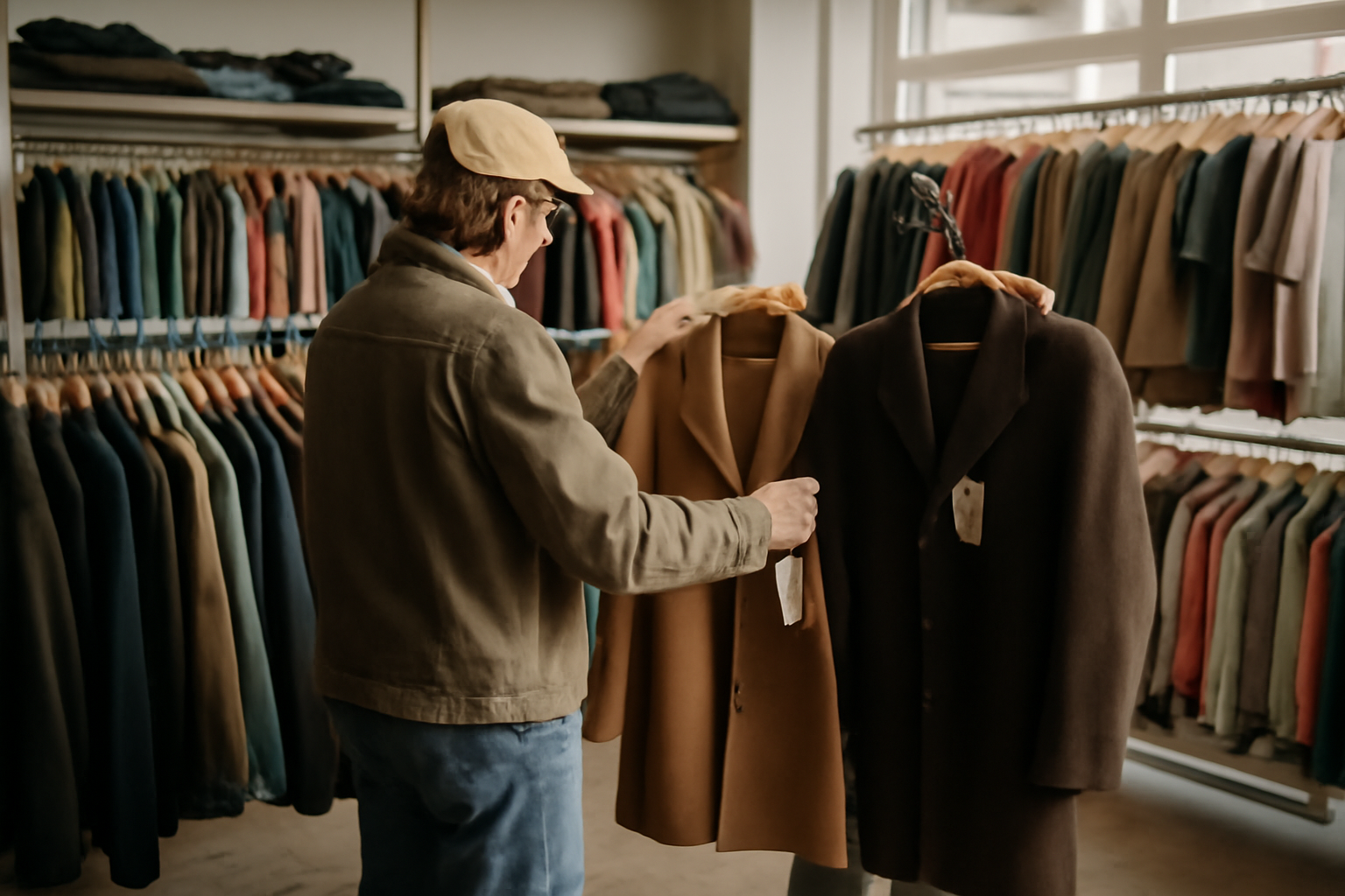 Chine en friperie à Lille : pièces vintage sur portant et lumière de boutique