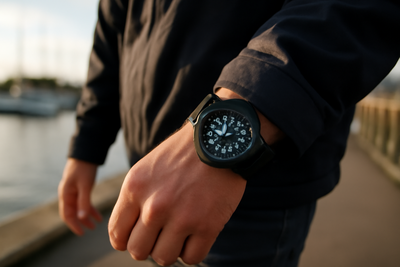 Montre luminox avec cadran très contrasté et éclairage nocturne, au poignet, lumière naturelle en extérieur