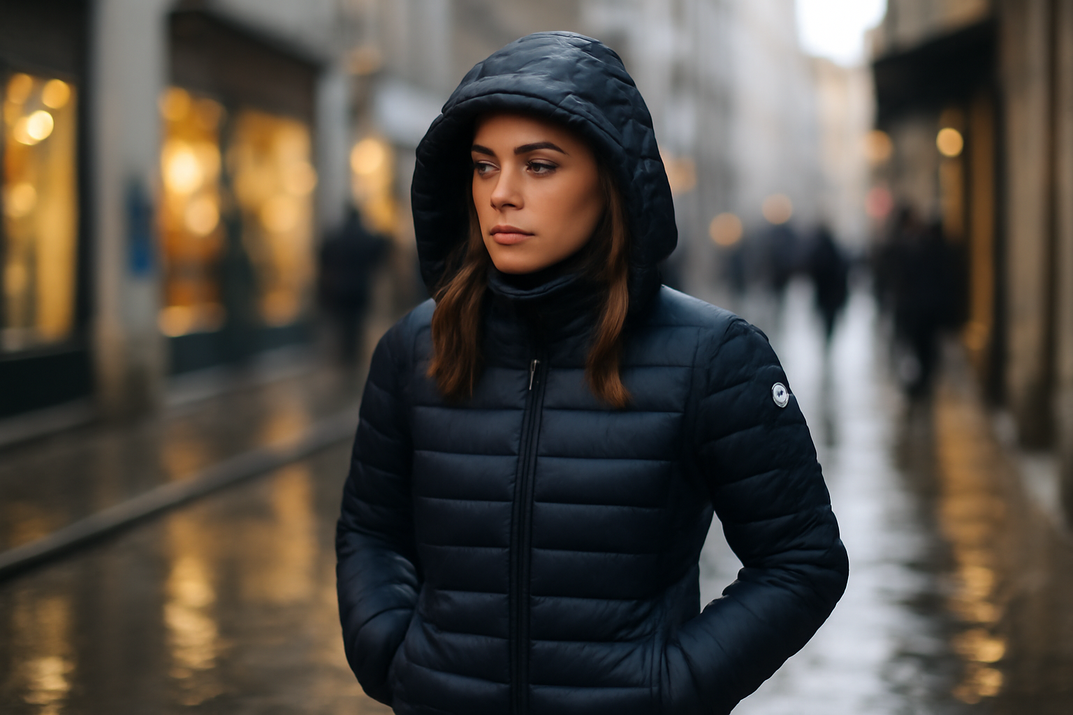 jott doudoune femme à capuche en ville sous la pluie fine, lumière de fin d’après-midi