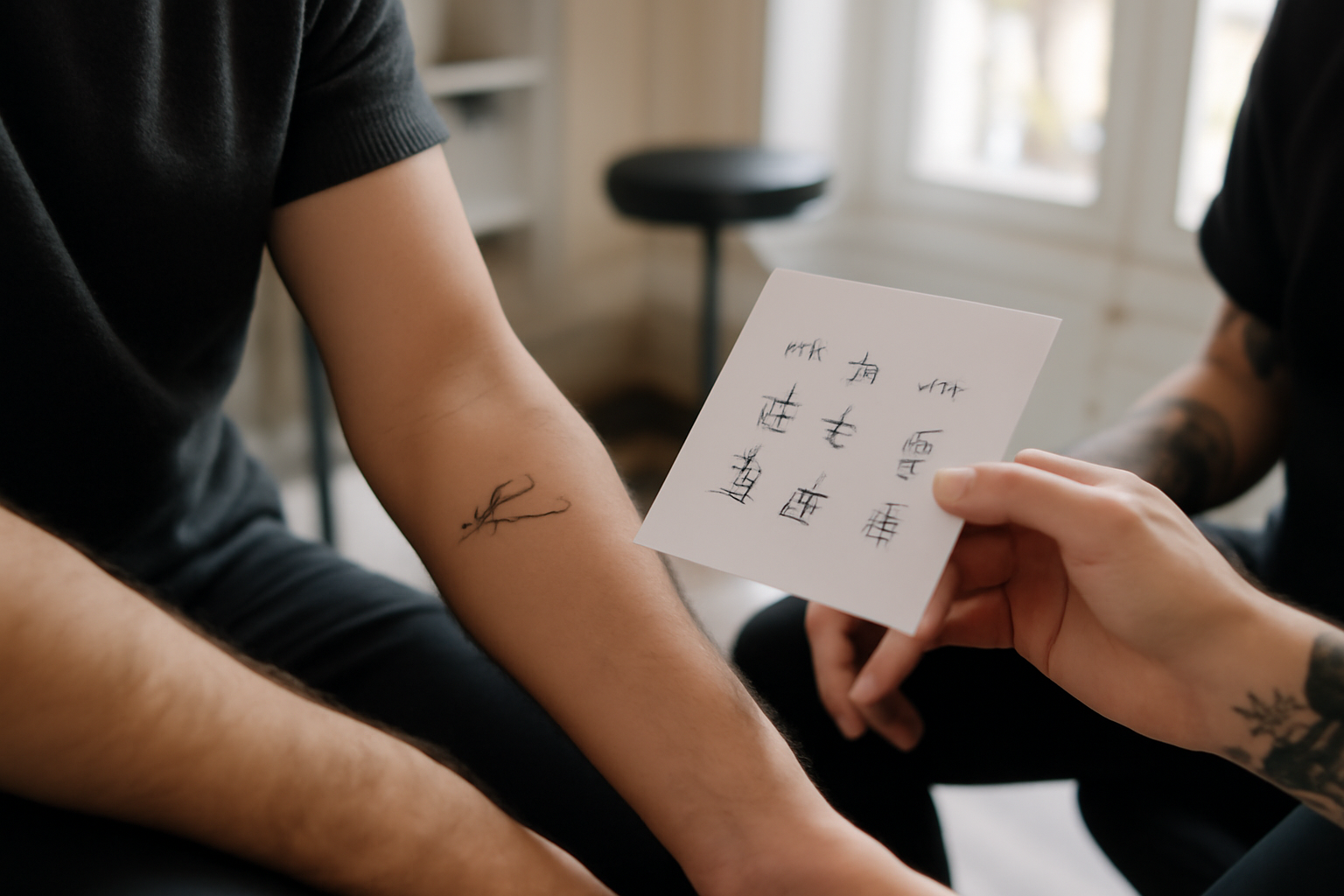 Petits tatouages homme discrets sur avant-bras interne, lignes fines et contraste noir, lumière naturelle