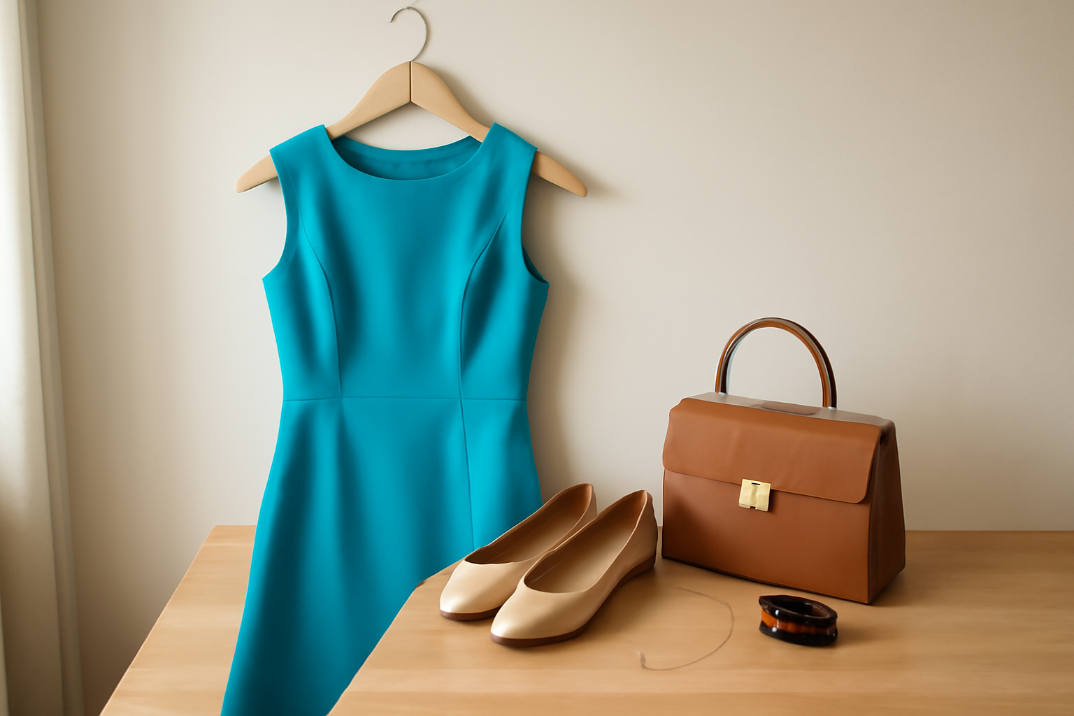 accessoires pour robe année 60 : sac structuré et chaussures rétro sur fond clair