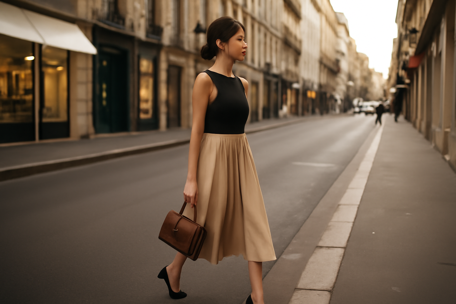 Robe bi matière élégante noir et beige, ambiance urbaine en lumière naturelle