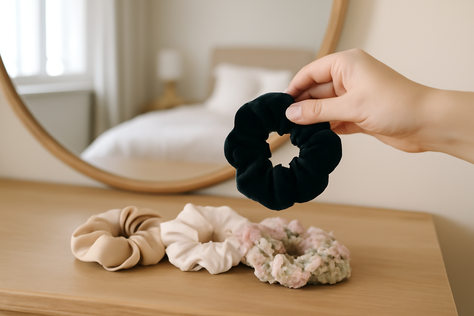 Scrunchie scrunchie satin et velours sur coiffeuse, lumière naturelle