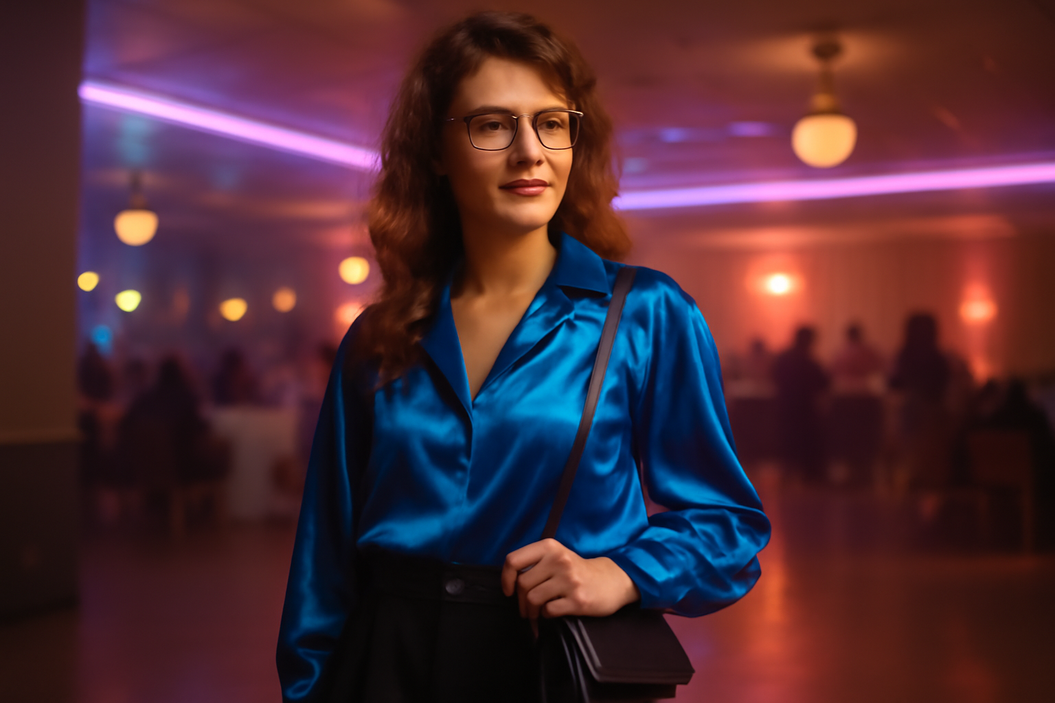 soirée année 80 tenue : tenue femme satin et accessoires années 80 dans une salle rétro