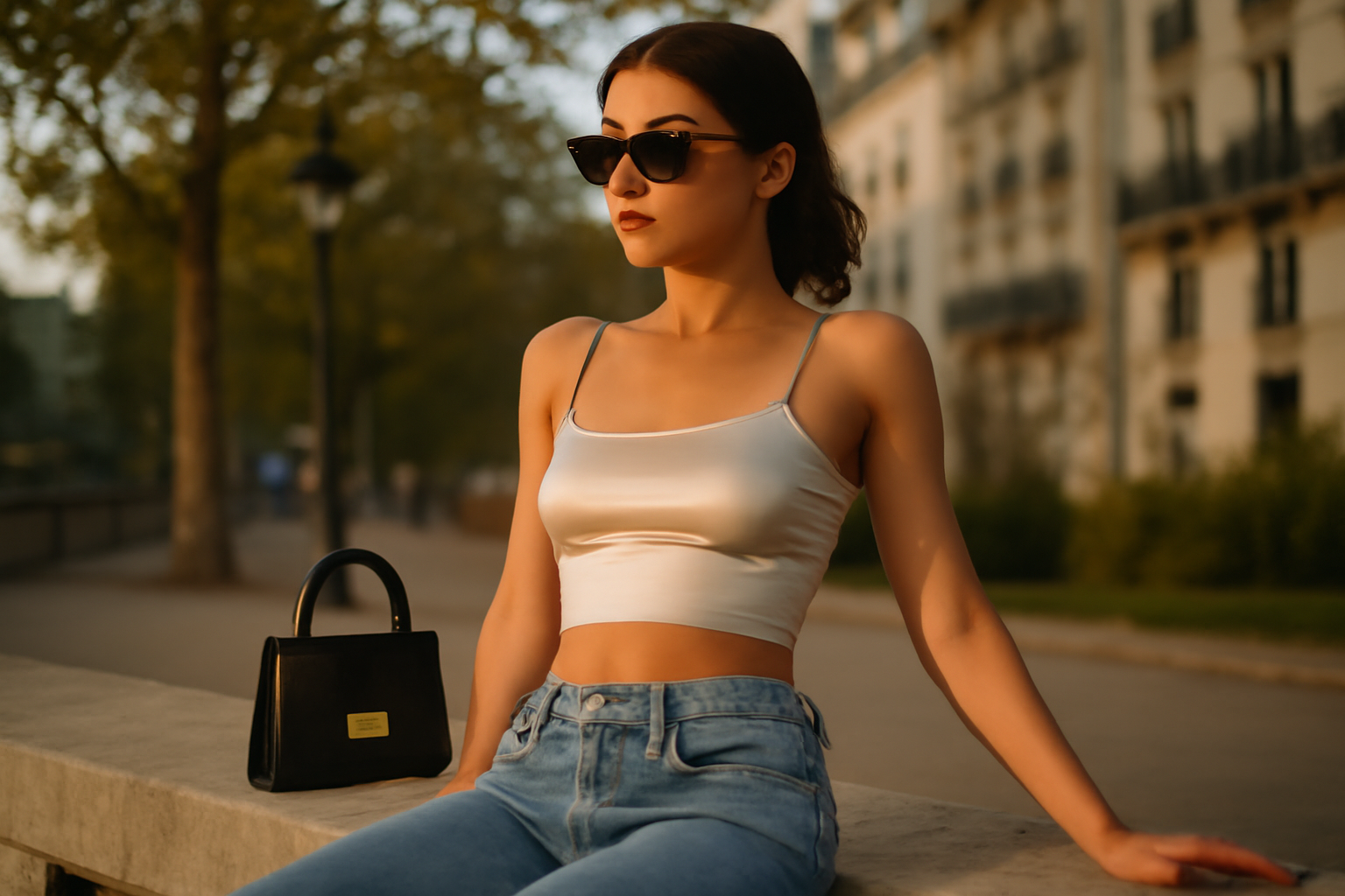 Tenue annee 2000 : jean taille basse, crop top et lunettes fumées en style Y2K
