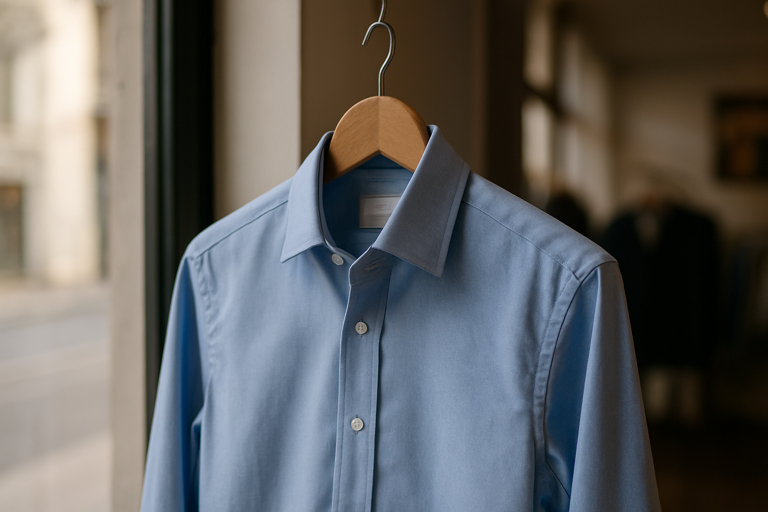 Chemise française en popeline, col structuré et poignets visibles sur cintre en boutique, lumière naturelle