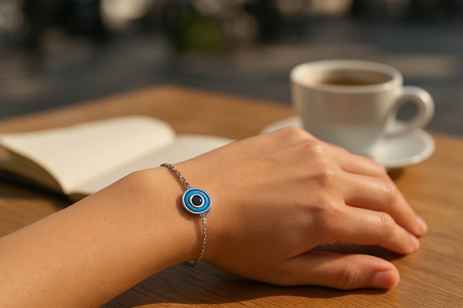 Bracelet œil sur poignet, chaîne en acier inox et motif œil bleu serti sous lumière naturelle