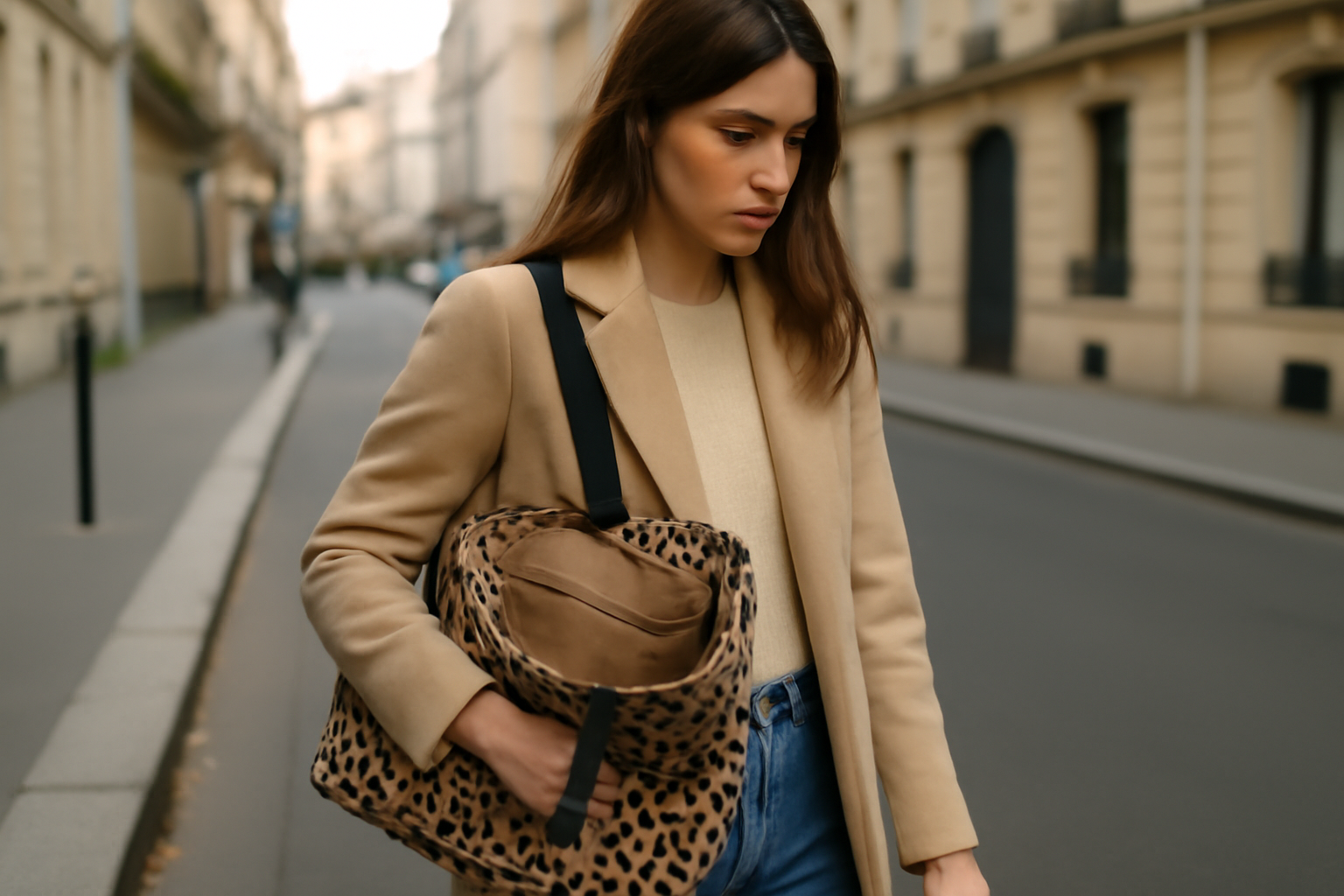 Cabas léopard beige porté à l’épaule dans une rue parisienne, lumière naturelle