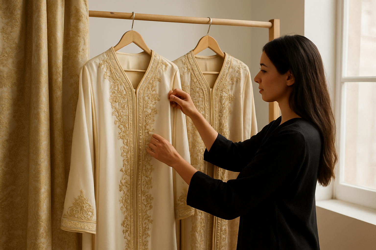 Caftan marocain et takchita présentés sur un portant, lumière douce en boutique