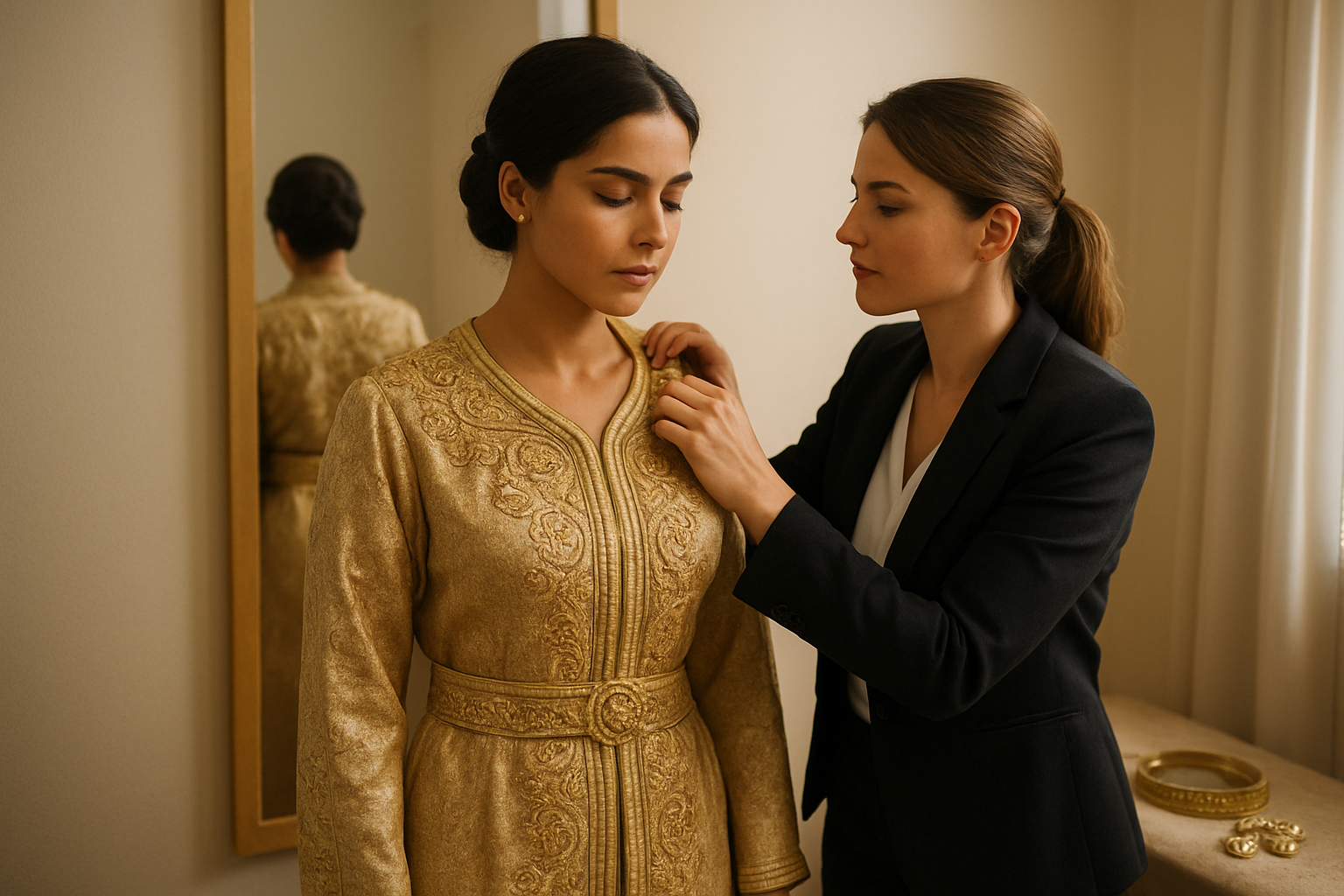 Essayage d’une takchita brodée devant un miroir, lumière chaude en boutique