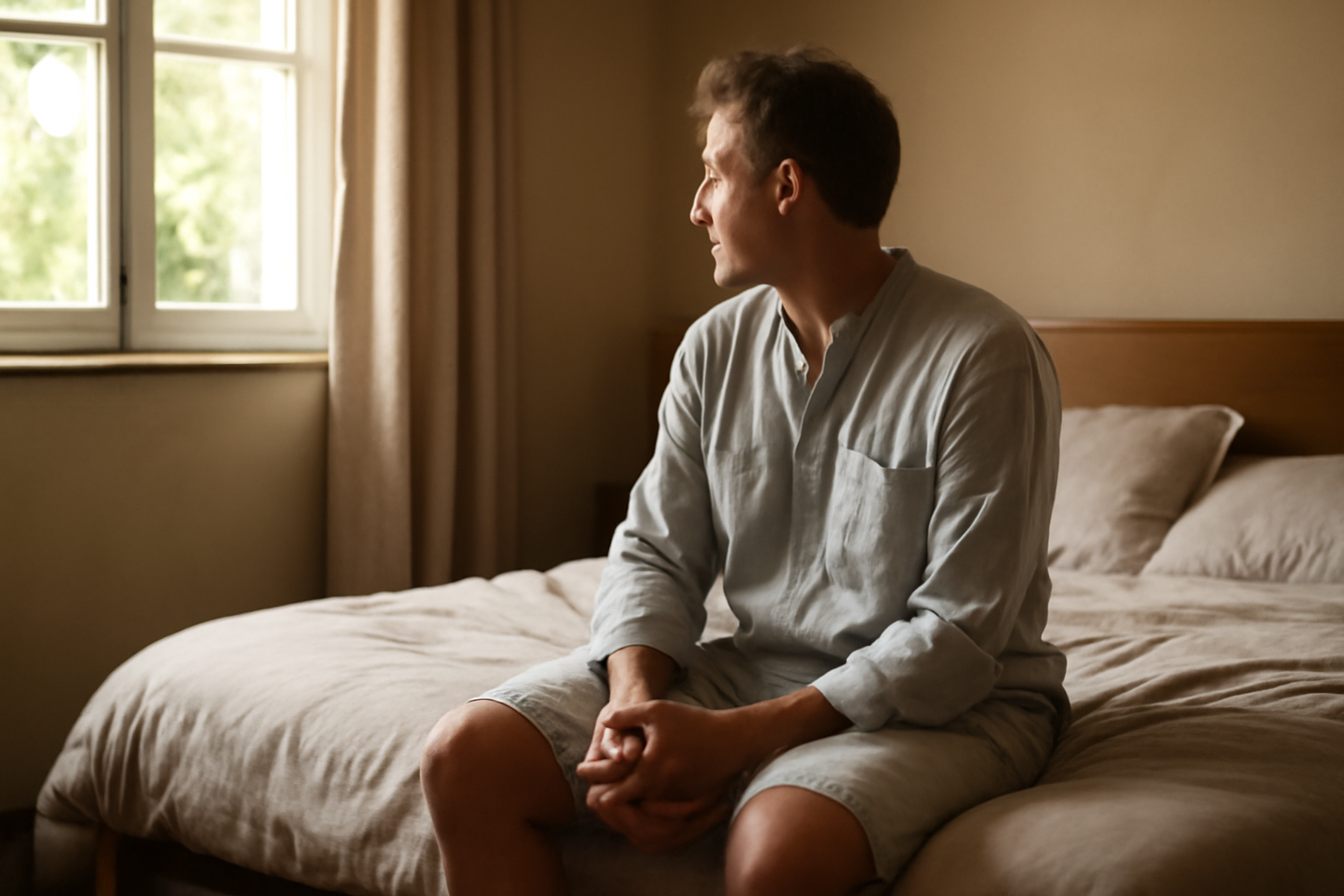 chemise de nuit homme en coton respirant posée sur un lit, style élégant et confortable
