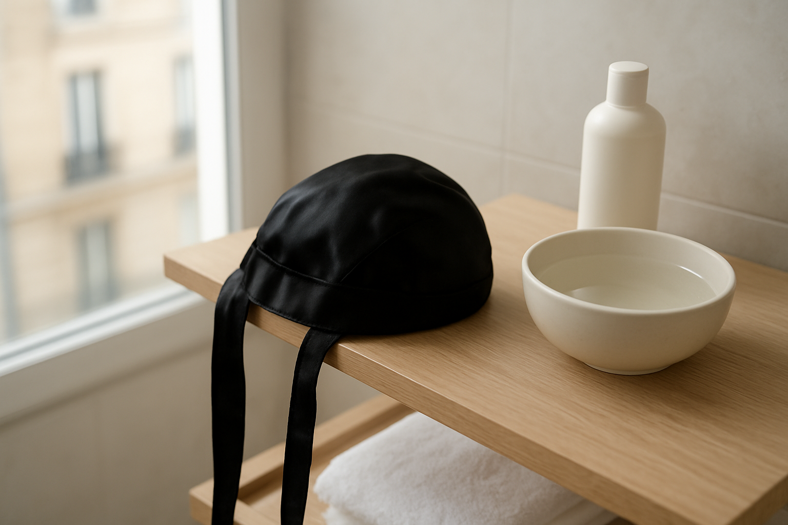 Un durag homme en satin noir sur une étagère, lumière naturelle près d’une salle de bain, produits de lavage à côté