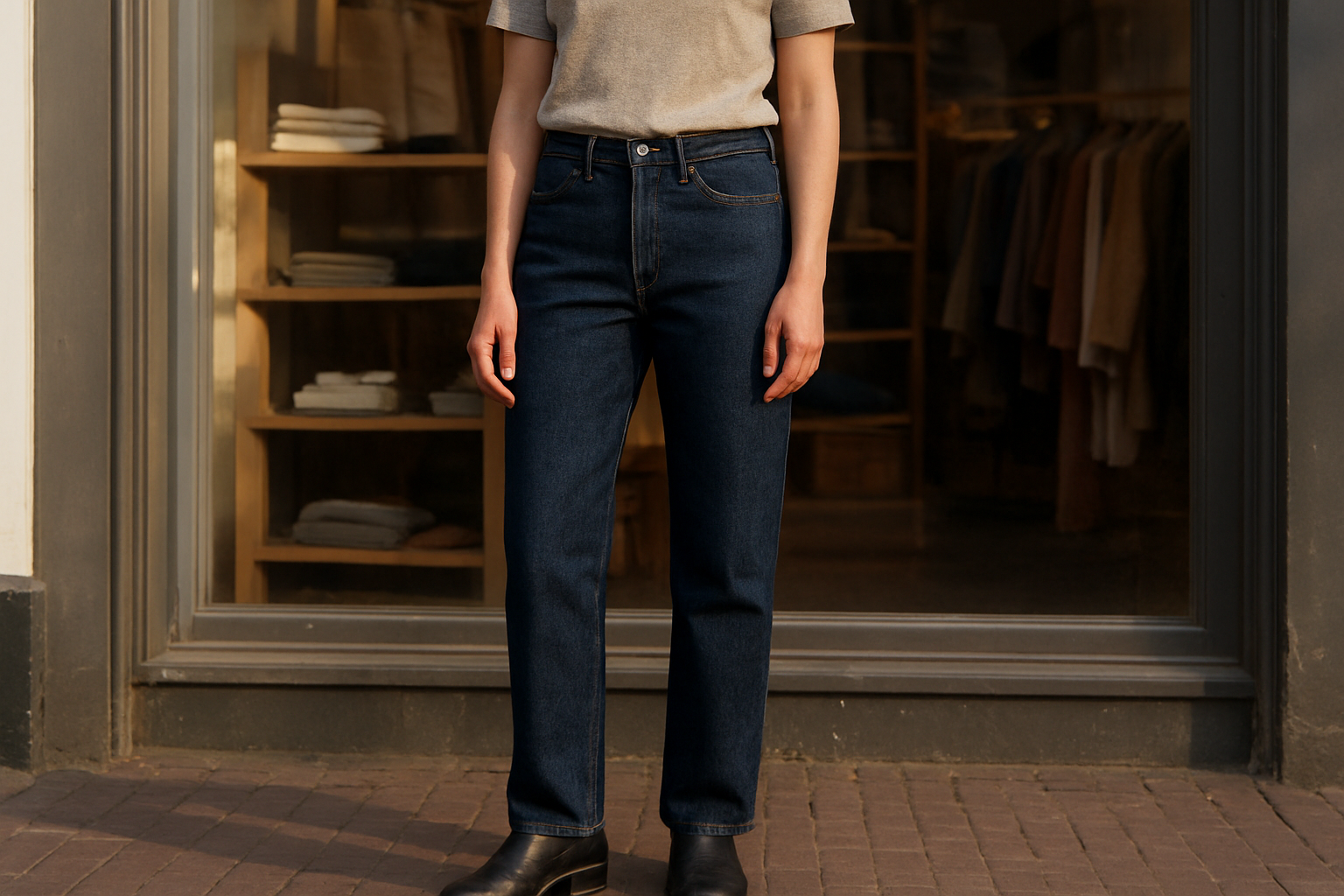 Jean denim durable de la marque Kings of Indigo, porté en lumière naturelle
