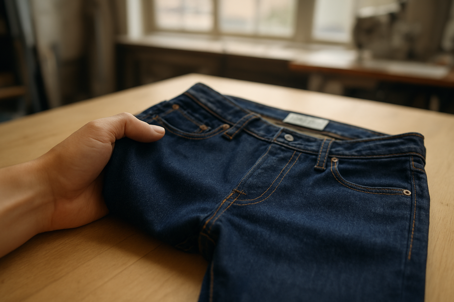 Détail des coutures et de la texture denim sur un jean Kings of Indigo