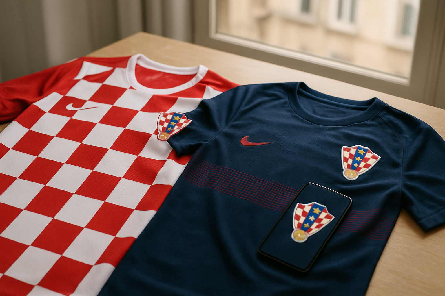 Maillot Croatie 2018 domicile et extérieur comparés sur une table, photos nettes des écussons