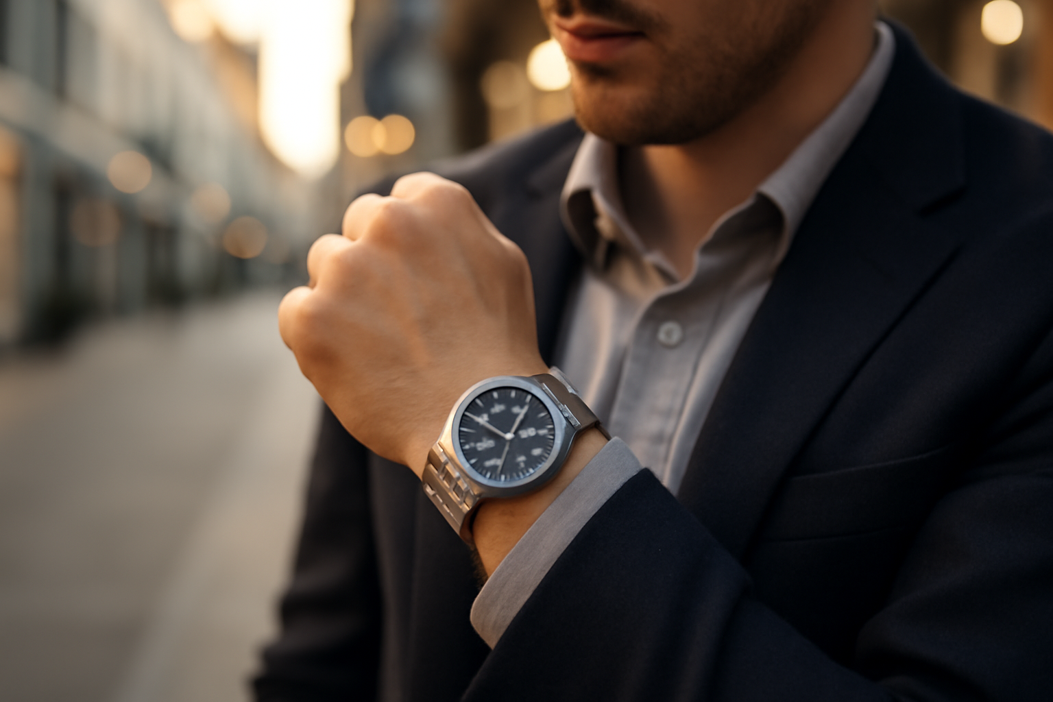 Montre homme qui montre classe homme avec cadran lisible et bracelet acier brossé, lumière naturelle en ville