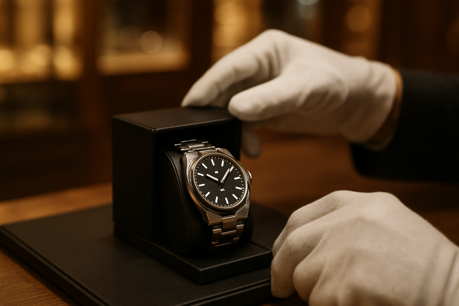 Montre de luxe pour homme sur table en cuir, cadran lisible et bracelet métal sous lumière de boutique
