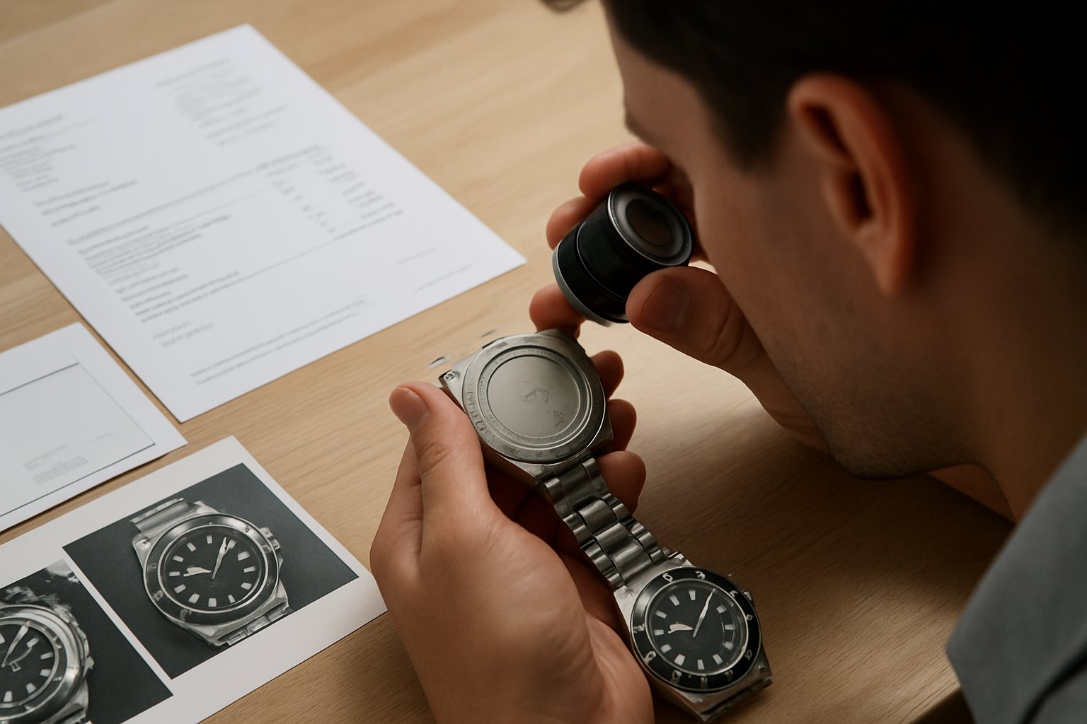 Contrôle d’authenticité d’une montre de luxe pour homme : documents et numéros sur table en bois, lumière neutre