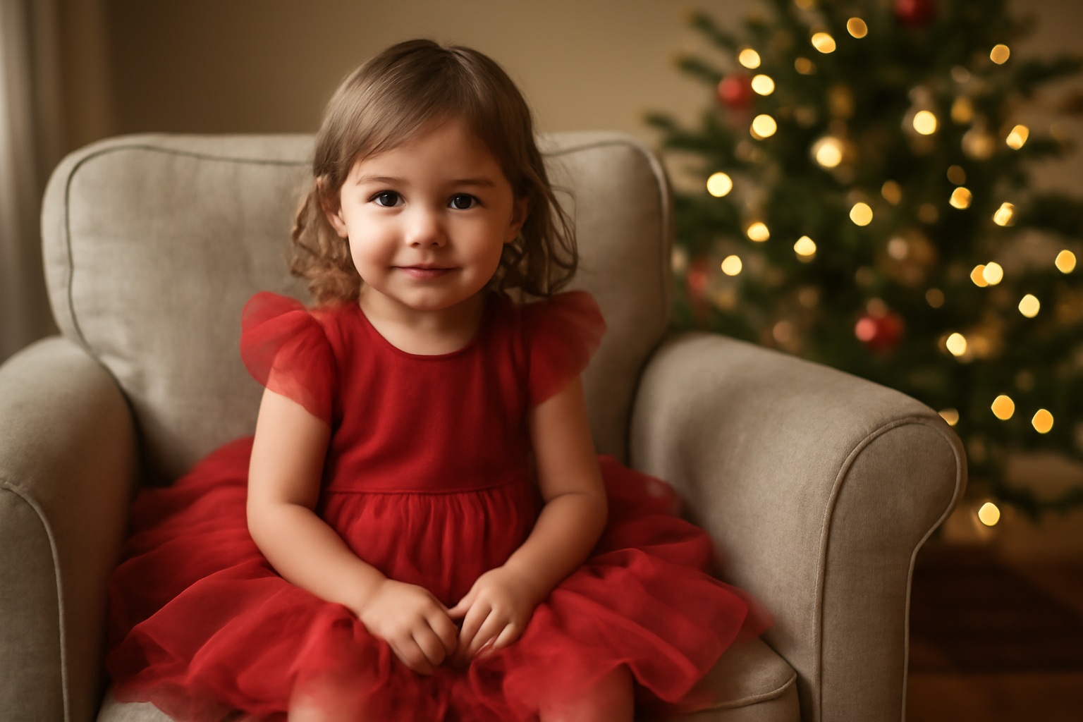 Robe de Noël fille rouge avec tulle et doublure, posée sur un fauteuil près d’un sapin, lumière de fin d’après-midi