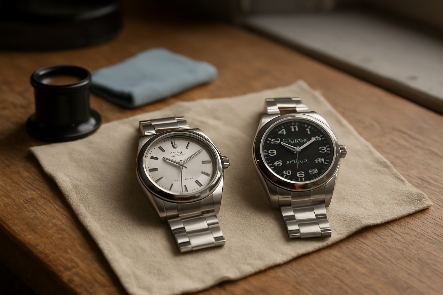 Rolex Oyster Perpetual et Air-King sur un établi horloger, lumière naturelle, cadrans visibles