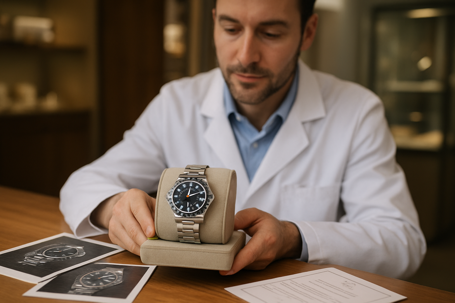 Vendeur horloger montrant des marquages et une garantie de retour pour une montre de luxe