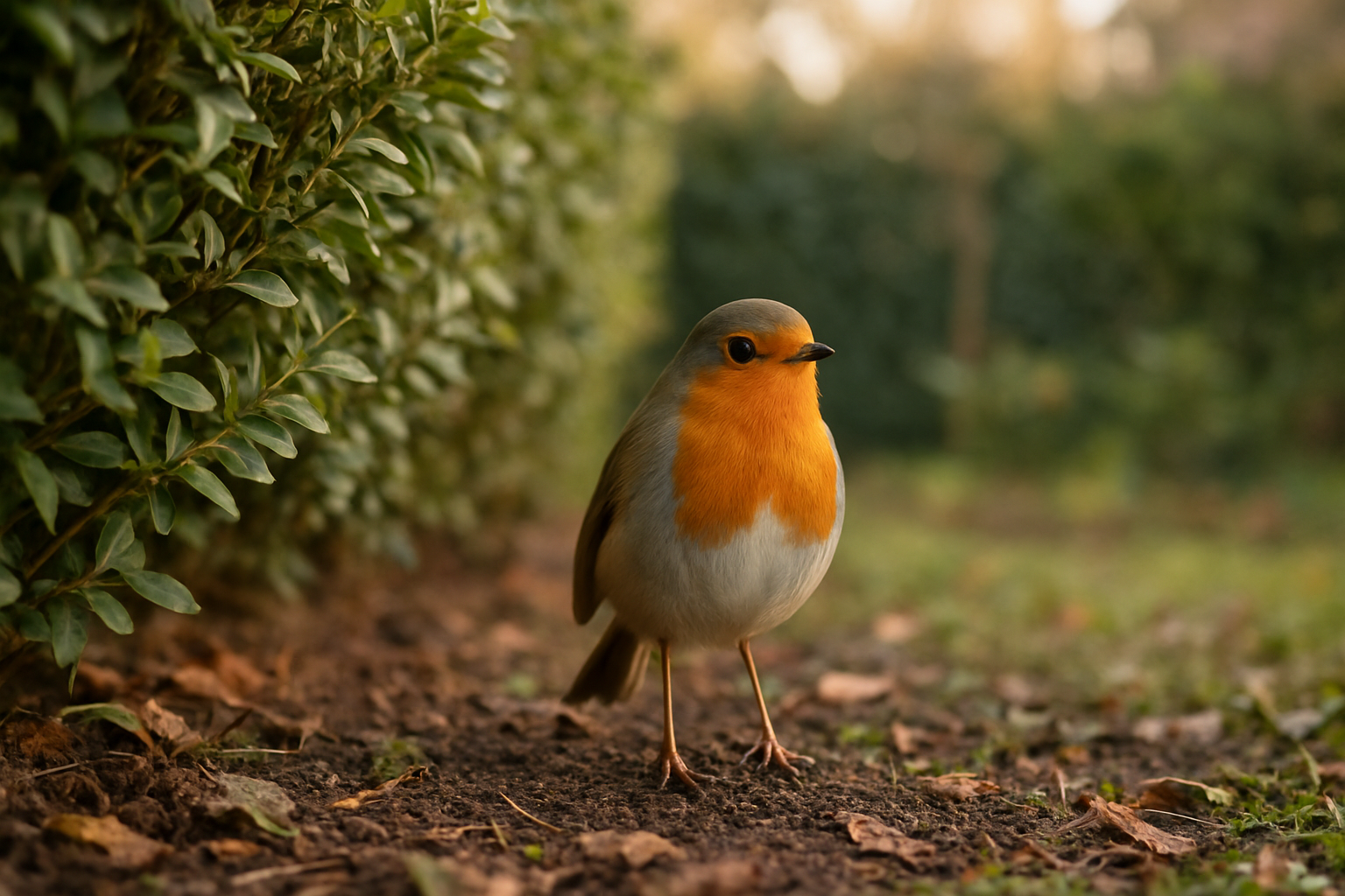 Rouge-gorge familier avec plastron rouge/orangé près d’une haie et d’un sol couvert de feuilles