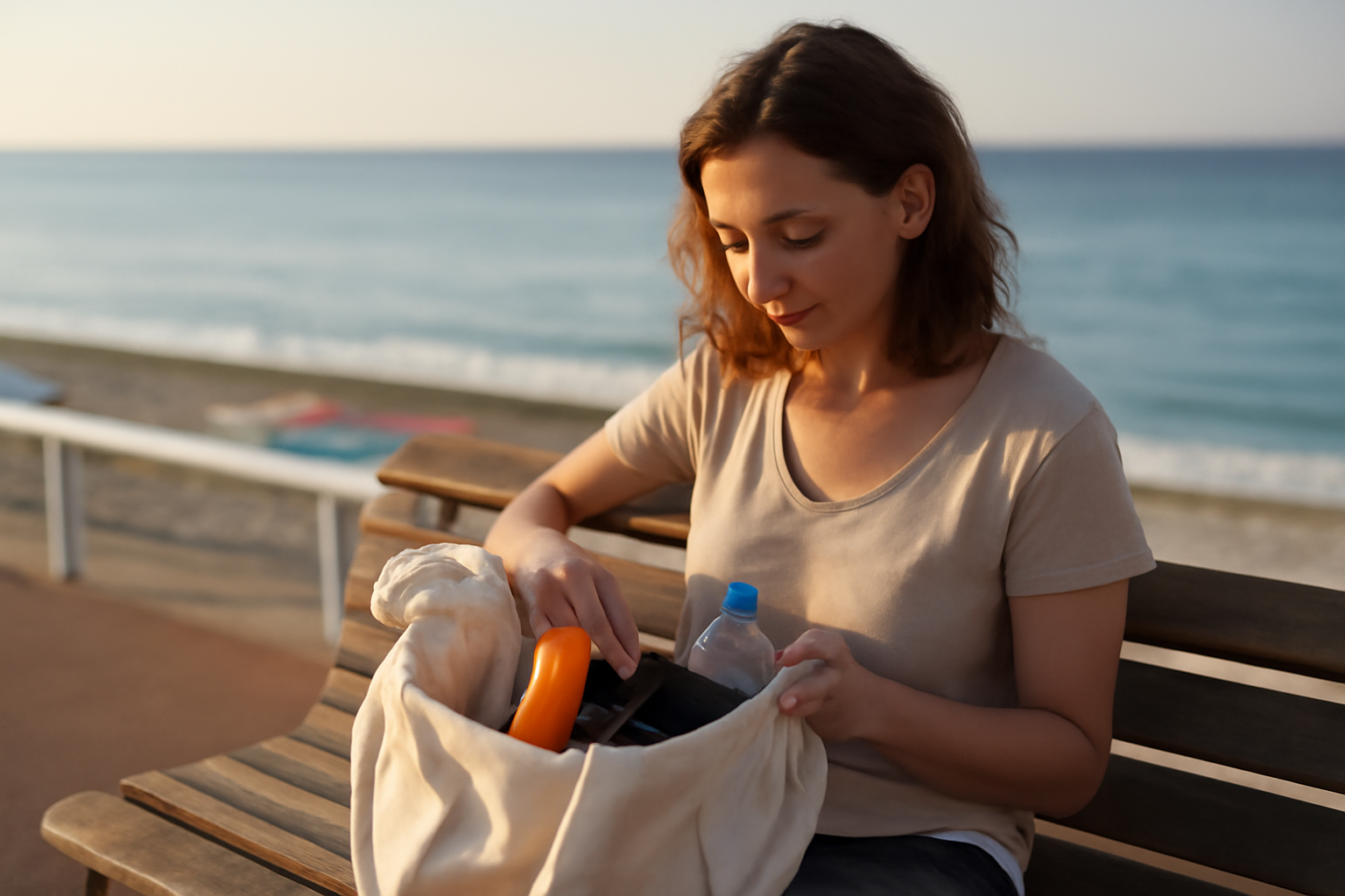 sac de plage en toile et poches, prêt pour la plage au bord de la mer
