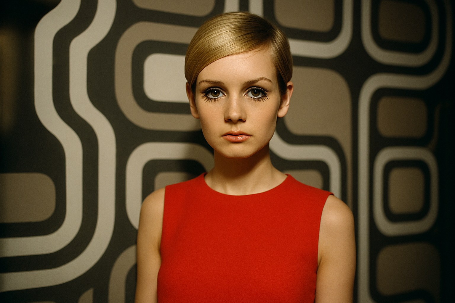 Twiggy Lawson, silhouette très fine et regard souligné par des cils marqués, coiffure courte dans une ambiance pop des années 1960