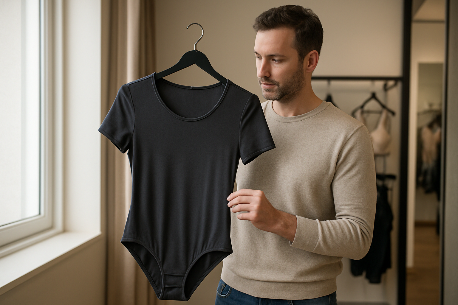 Body homme en modal et microfibre, homme en cabine d’essayage, lumière naturelle, rendu seconde peau