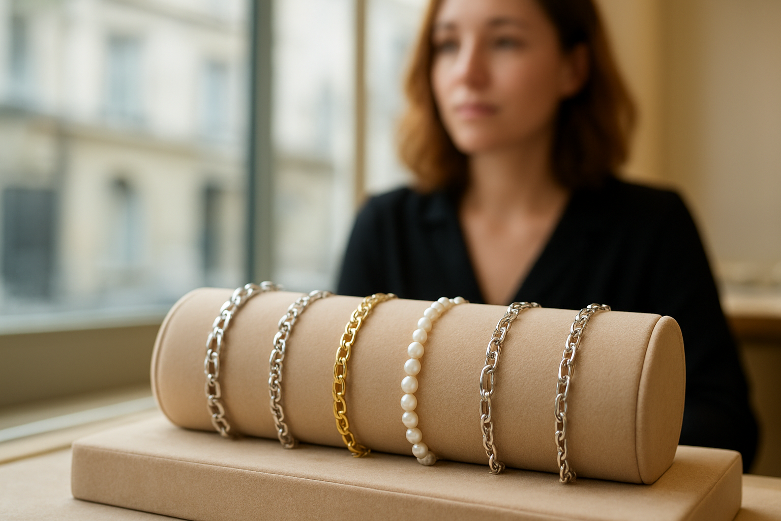 Bracelets femme sur un présentoir en boutique, lumière naturelle et fermoirs visibles