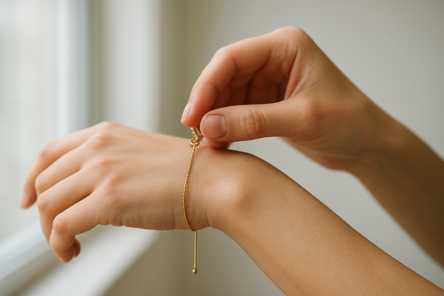Poignet avec bracelet femme et chaîne de réglage, vue de près sur le confort