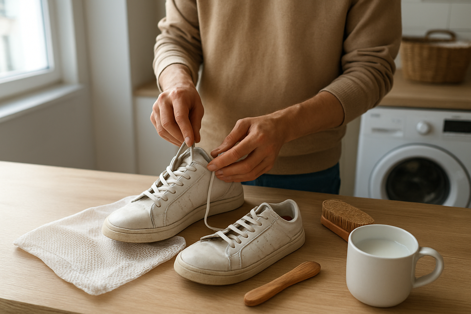 Chaussures de ville et baskets prêtes pour un lavage en machine : filet de lavage, lacets retirés et brosse à chaussures