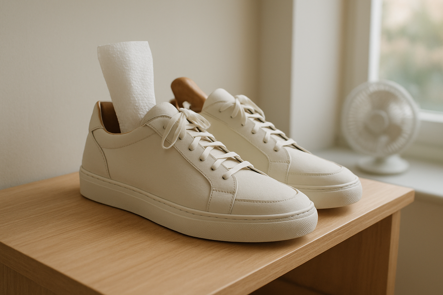 Séchage à l’air de chaussures lavées : papier absorbant dans la chaussure, embauchoir et ventilation, loin du chauffage