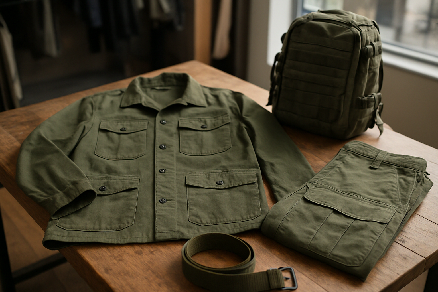 Tenue d’habillement militaire kaki et sac tactique posés sur une table, lumière naturelle, photo réaliste