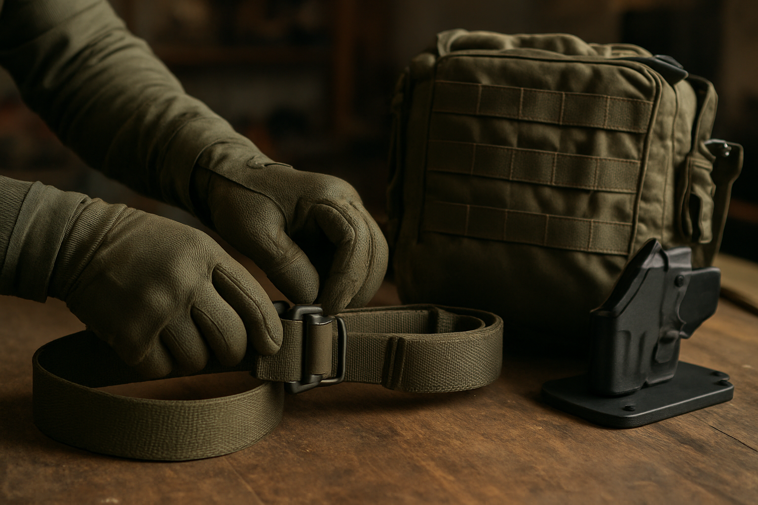 Ceinture militaire et sac tactique avec passants, photo réaliste en intérieur