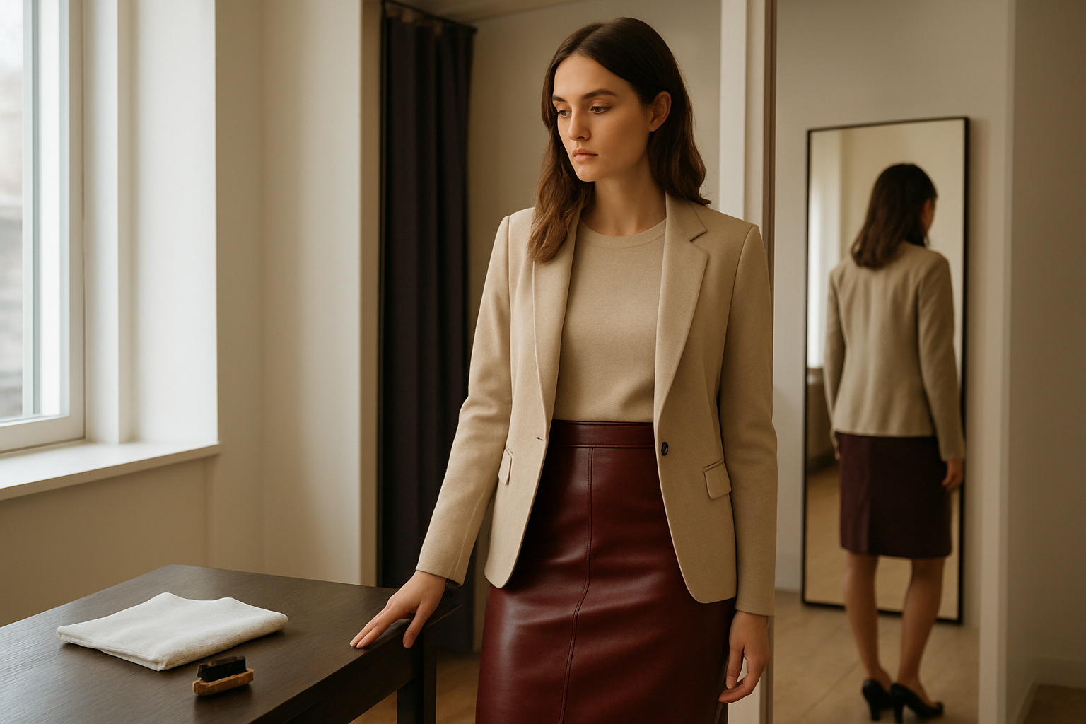 Jupe cuir bordeaux en cabine d’essayage avec lumière naturelle