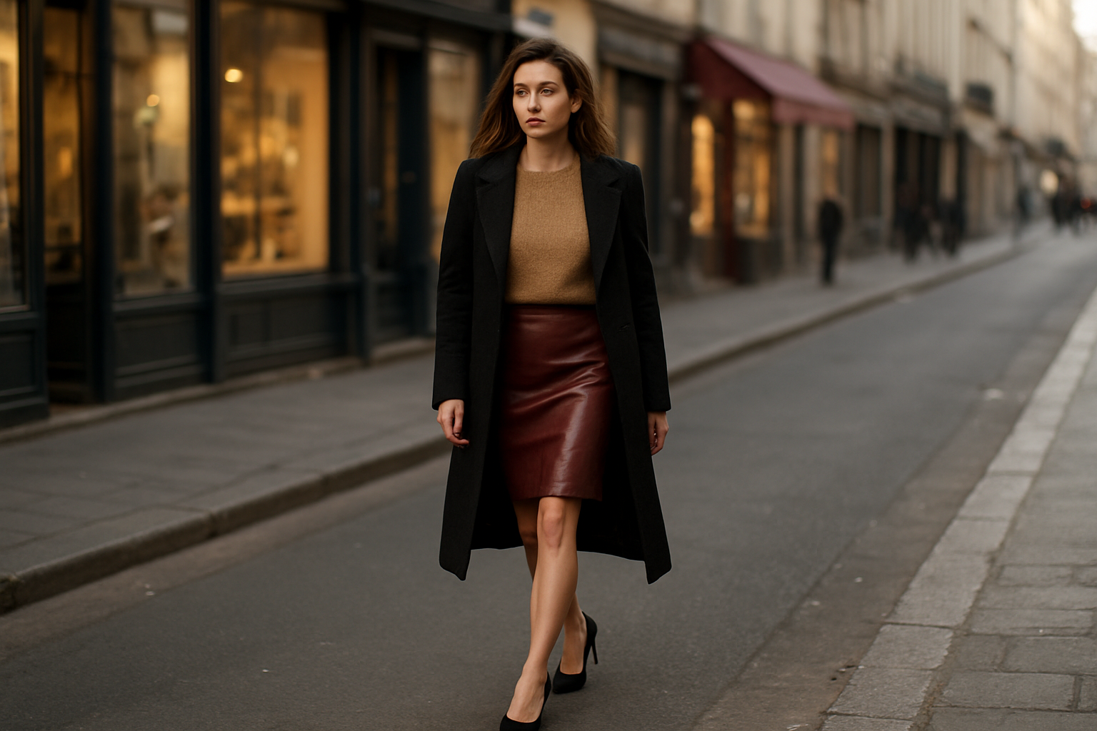 Tenue chic avec jupe cuir bordeaux et pull en laine camel