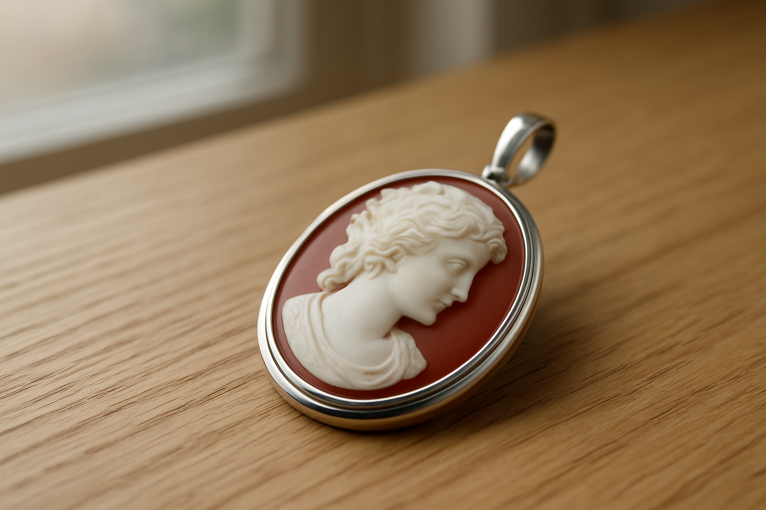 Pendentif camee en argent avec relief net photographié en gros plan