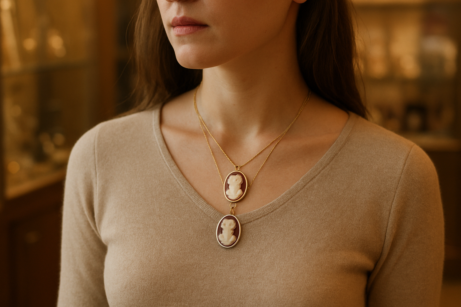 Comparaison de pendentif camee : monture or et chaîne fine sur mannequin