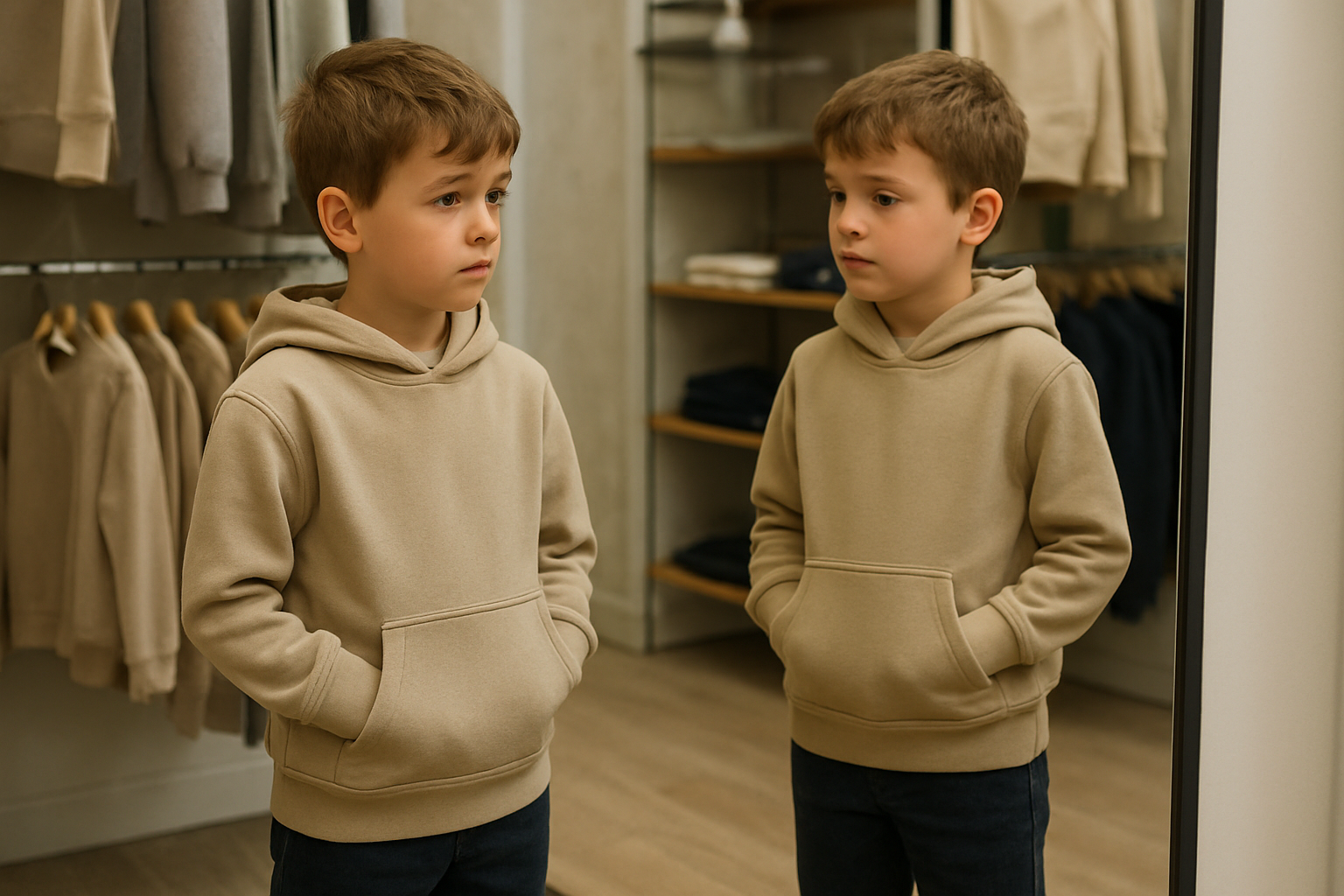 Enfant essayant un hoodie et un pantalon taille 122 128 devant un miroir, lumière naturelle, scène photo réaliste